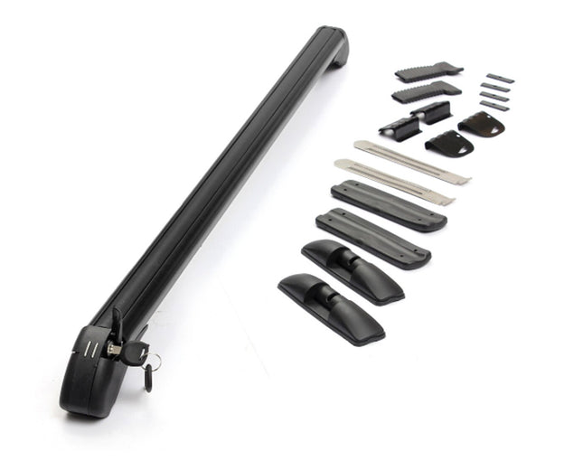 A black metal roof rack bar with a key in the lock, shown alongside its mounting hardware and brackets on a clean white background.