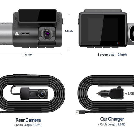 Car dashboard camera with dimensions, screen size, rear camera, and car charger displayed.