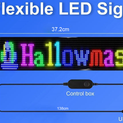 Flexible LED sign displaying 'Halloween' in colorful letters, shown with dimension labels (37.2cm, 9.