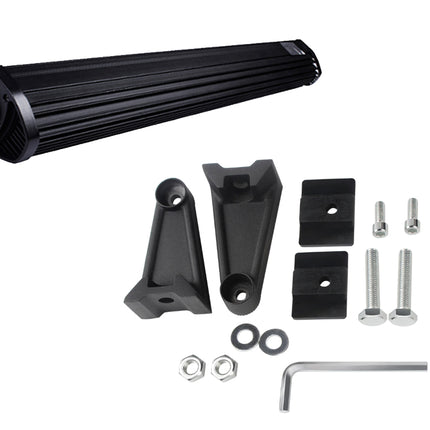 Black metal brackets and hardware components on a white background