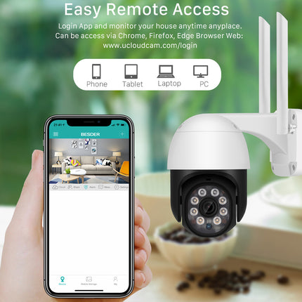 Smart home security camera with smartphone app on a blurred background