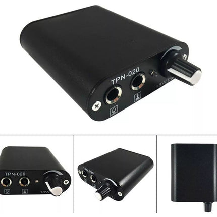 Black audio interface with multiple ports on a white background