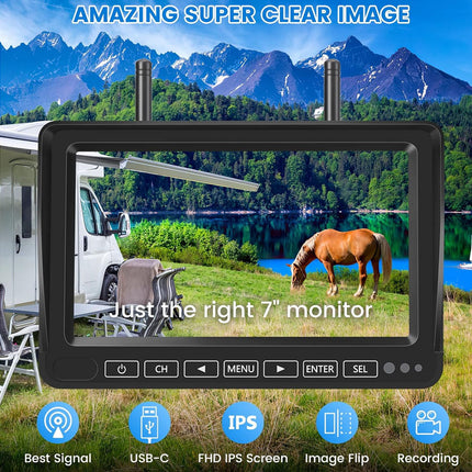 7-inch monitor displaying an outdoor scene with a horse, camper, and mountains.