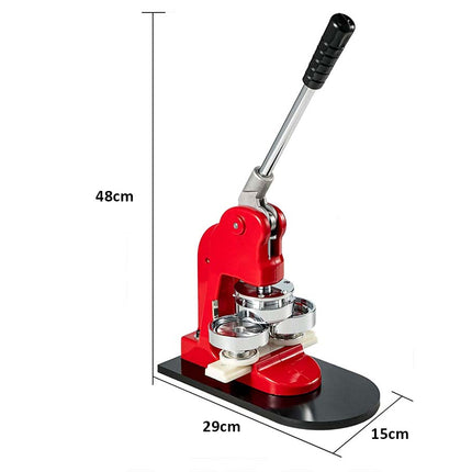 Red manual press machine with dimensions labeled on a white background