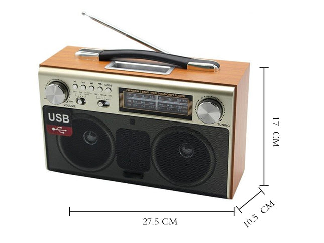 Vintage-style radio with USB port and dimensions on a white background