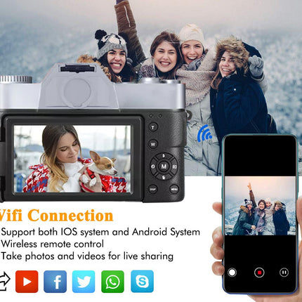 Camera with screen displaying a person with a dog, surrounded by people in the snow, with text about Wi-Fi connection features.
