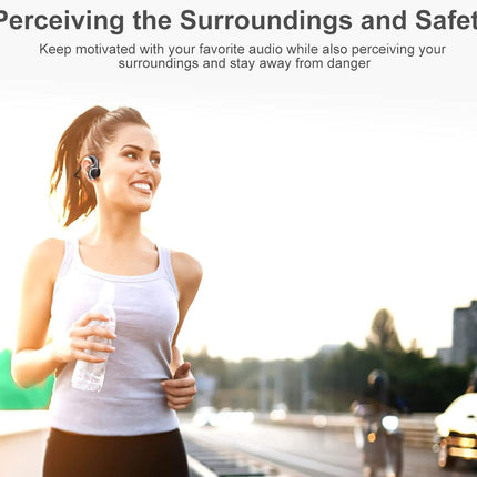 A woman jogging outdoors on a bridge wearing wireless earbud headphones and holding a water bottle, with promotional text at the top about perceiving surroundings and safety.