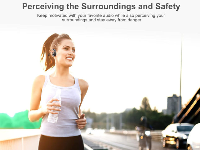 A woman jogging outdoors on a bridge wearing wireless earbud headphones and holding a water bottle, with promotional text at the top about perceiving surroundings and safety.