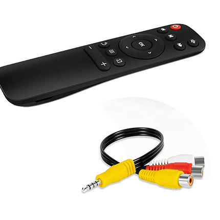 Black remote control with audio/video cable on a white background