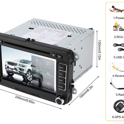 Car stereo system with screen displaying a car image, accompanied by a list of included components on the right.