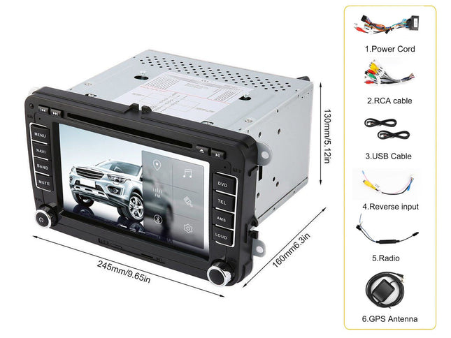 Car stereo system with screen displaying a car image, accompanied by a list of included components on the right.
