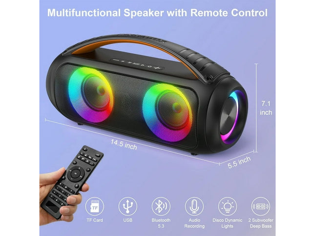 Multifunctional speaker with remote control on a light purple background