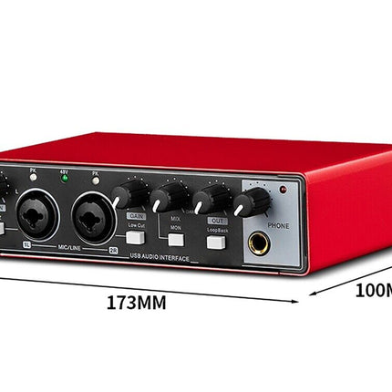 Red audio interface with dimensions labeled on a white background