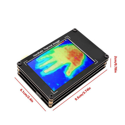 Handheld thermal imager displaying a thermal image of a hand with dimensions indicated.
