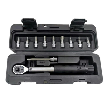 Torque wrench and bit set in a black case on a white background