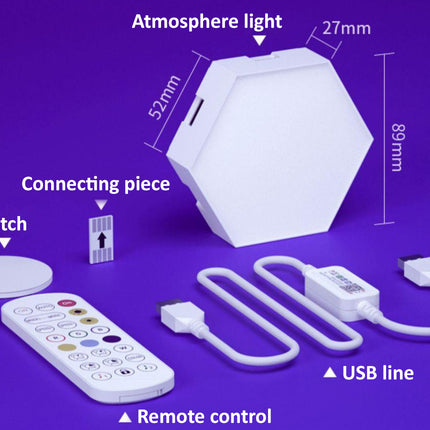 White hexagonal smart light kit with remote control, USB cable, patch, and connecting piece on a purple background, with labeled dimensions and arrows pointing to parts.
