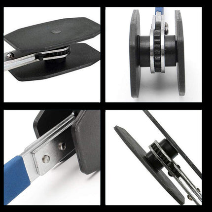 Collage of close-up images of a tool with different parts on a white background