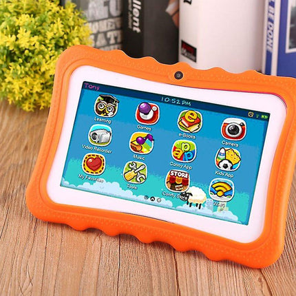 Children's tablet with orange case on a wooden surface
