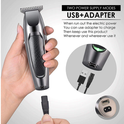 Hair trimmer with USB adapter and charging cable on a white background