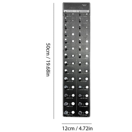 Black and white modular synthesizer panel with dimensions on a white background