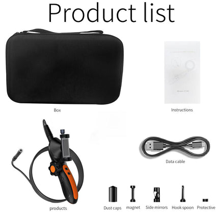 Product list with box, instructions, data cable, and various accessories on a white background.