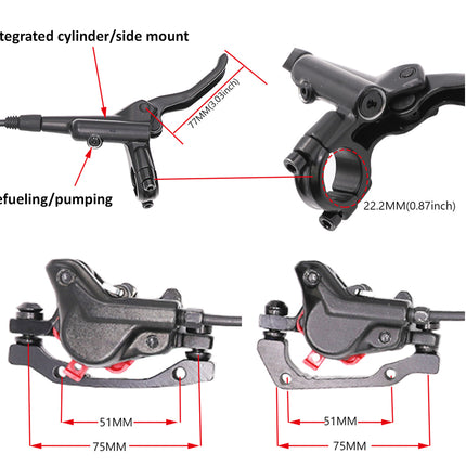 Technical diagram of a motorcycle brake lever and cylinder with labeled measurements on a white background.