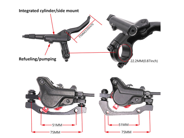 Technical diagram of a motorcycle brake lever and cylinder with labeled measurements on a white background.