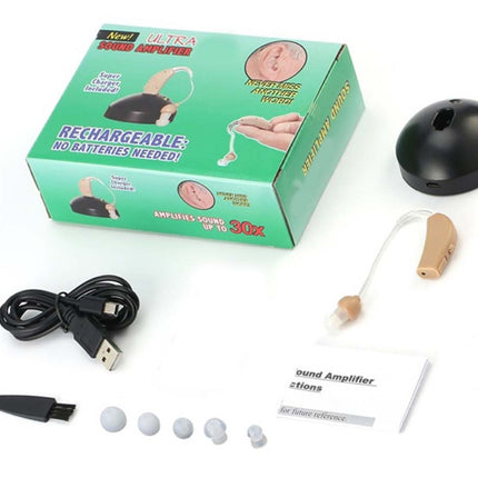 Rechargeable hearing aid set with packaging, device, and accessories on a white background
