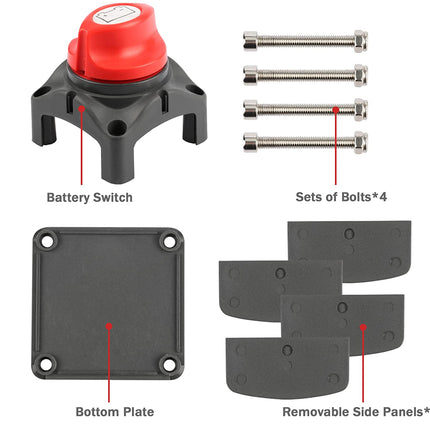 Battery switch kit with labeled parts on a white background