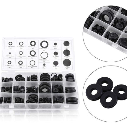 Set of black rubber washers and gaskets in a clear plastic box with an inset showing a close-up.