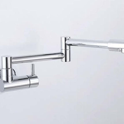 A modern wall-mounted kitchen faucet with an adjustable gooseneck spout, finished in polished chrome.