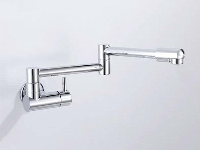 A modern wall-mounted kitchen faucet with an adjustable gooseneck spout, finished in polished chrome.