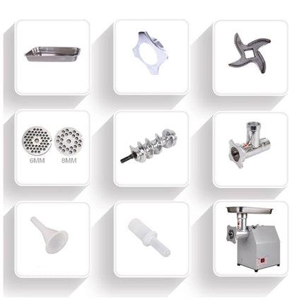 Set of meat grinder attachments on a white background