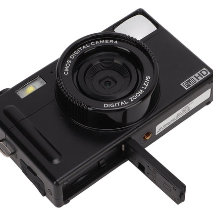 Black digital camera with lens and branding on a white background