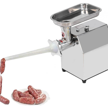 Stainless steel sausage making machine with sausages on a white background