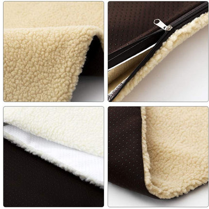 Collage of close-up images showing texture and details of a product with beige fabric, zipper, and white lining.
