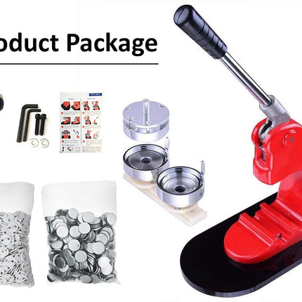 Product package with a red and black machine, bags of buttons, and tools on a white background.