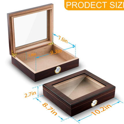 Walnut Wood Cigar Humidor Box for 35 Cigars | Hygrometer Humidifier Glass Top Storage Case