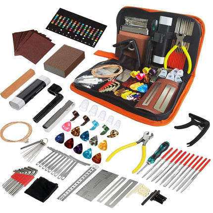 A comprehensive guitar repair and setup kit displayed on a clean white background, featuring an orange zippered case filled with tools and accessories, alongside individual tools such as string trimmers, tuners, bridges, fretboard accessories, and metal rods.
