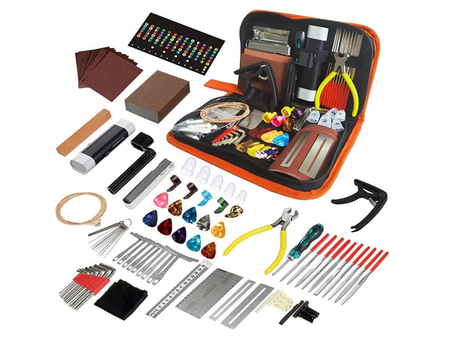 A comprehensive guitar repair and setup kit displayed on a clean white background, featuring an orange zippered case filled with tools and accessories, alongside individual tools such as string trimmers, tuners, bridges, fretboard accessories, and metal rods.