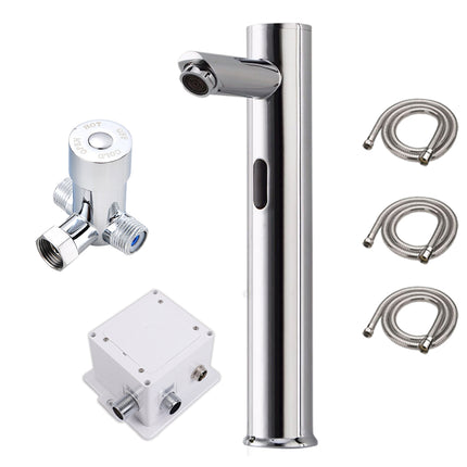 A wall-mounted bathroom faucet kit with a tall cylindrical polished chrome spout, a T-shaped cross-connect valve, a white electrical box, and three coiled metal supply hoses on a plain white background.