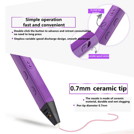 Purple 3D printing pen with a 0.7mm ceramic tip, shown on a white background with text highlighting its simple operation and ceramic tip details.
