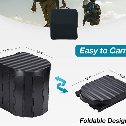 Black foldable carrying case shown in two views with dimensions, plus a small lifestyle photo of people carrying it in the background. Text reads 'Easy to Carry' and 'Foldable Design'.