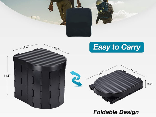 Black foldable carrying case shown in two views with dimensions, plus a small lifestyle photo of people carrying it in the background. Text reads 'Easy to Carry' and 'Foldable Design'.