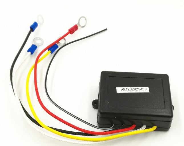 Black electronic module with wires on a white background