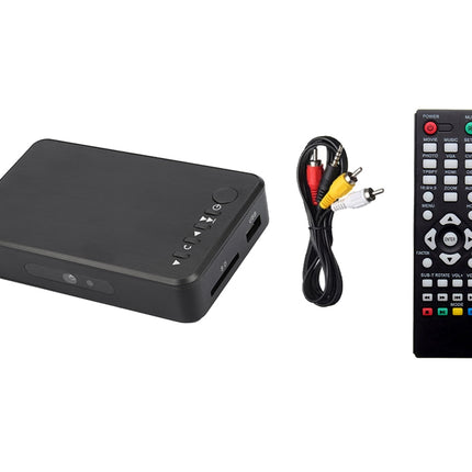 A black digital TV receiver box shown with a black remote control and an RCA video cable on a plain white background.