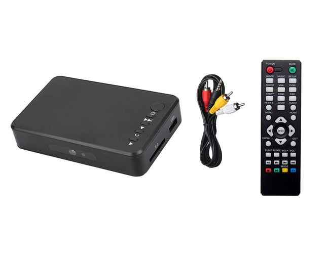 A black digital TV receiver box shown with a black remote control and an RCA video cable on a plain white background.