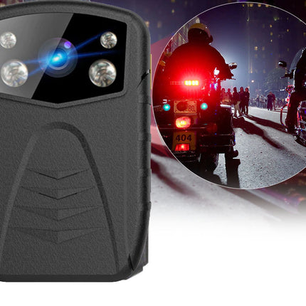 Black body camera with inset of police vehicle at night