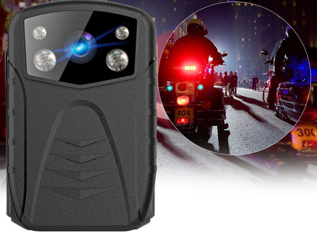 Black body camera with inset of police vehicle at night