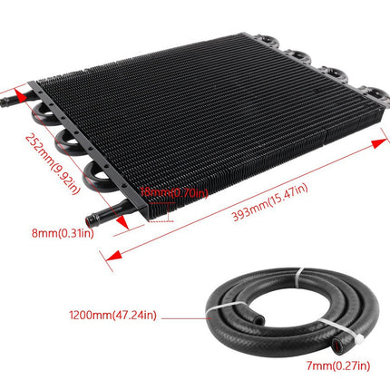 Car radiator with dimensions labeled on a white background